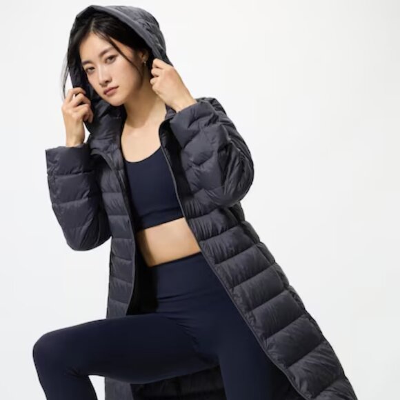 UNIQLO ULTRA STRETCH LIGHT DOWN LONG COAT PUFFER JACKET HOODED GRAY sz M - Picture 2 of 8